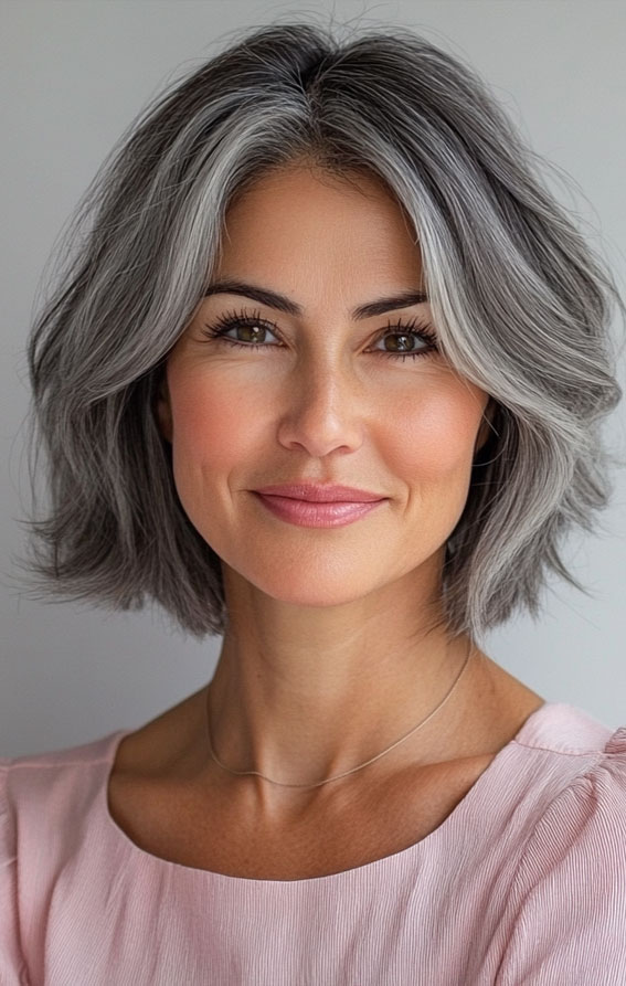 40 Layered Bob Hairstyles for Women Over 50 : Textured Bob with Natural Grey Highlights