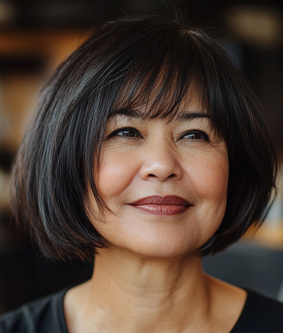 40 Layered Bob Hairstyles for Women Over 50 : Classic Black Bob with Wispy Fringe