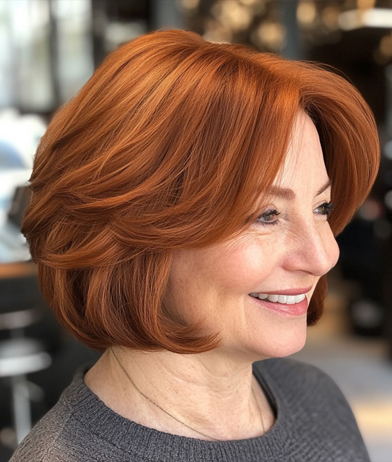 40 Layered Bob Hairstyles for Women Over 50 : Rich Copper Bob with Full Layers