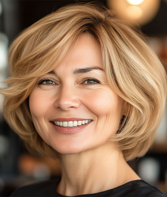 40 Layered Bob Hairstyles for Women Over 50 : Fluffy Warm Blonde Bob with Layered Volume