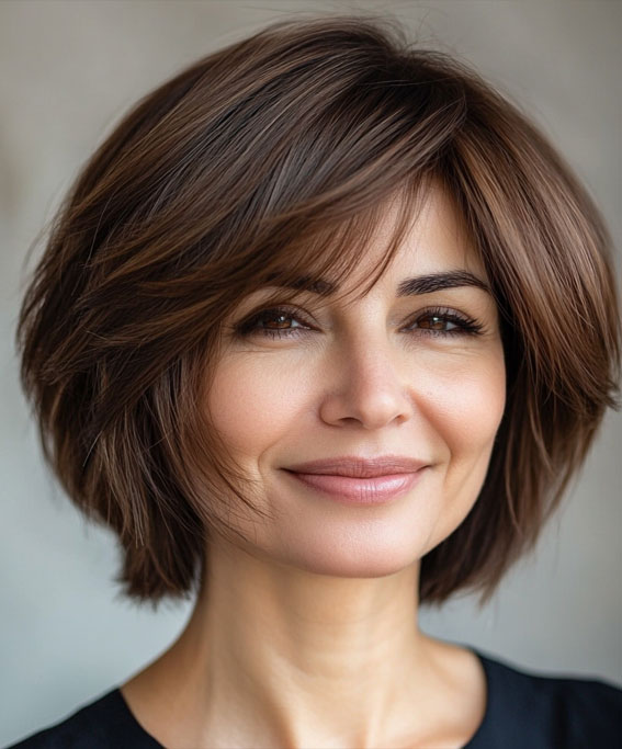 40 Layered Bob Hairstyles for Women Over 50 : Textured Brunette Bob with Light Layers