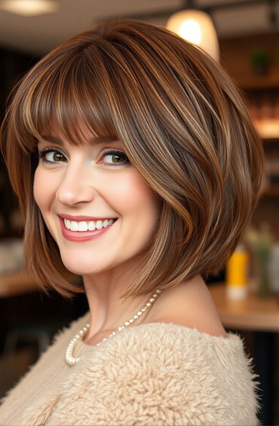 40 Layered Bob Hairstyles for Women Over 50 : Soft Caramel Bob with Wispy Fringe