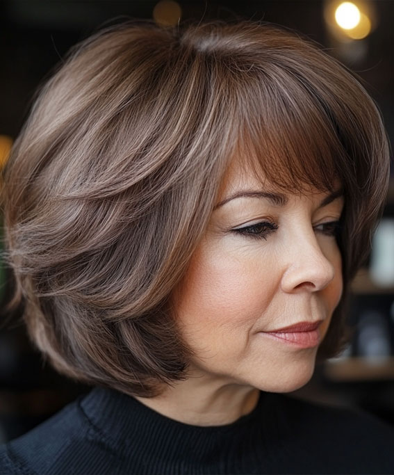 40 Layered Bob Hairstyles for Women Over 50 : Mushroom Brown Bob with Soft Layers