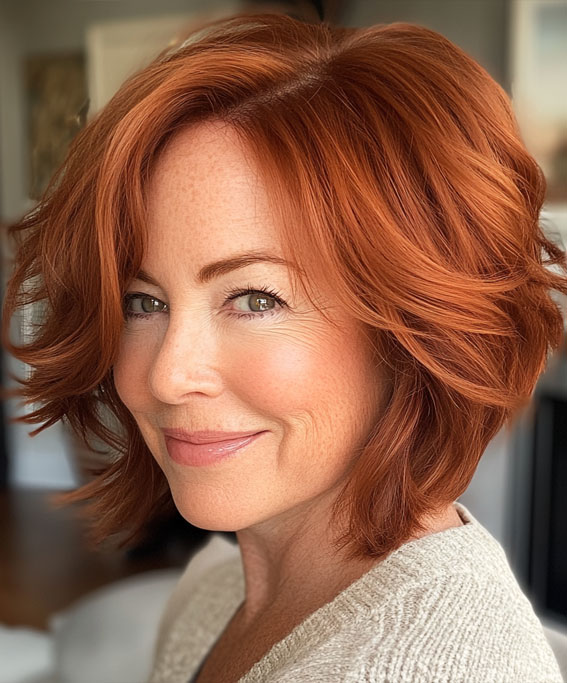 40 Layered Bob Hairstyles for Women Over 50 : Textured Auburn Bob with Tousled Layers