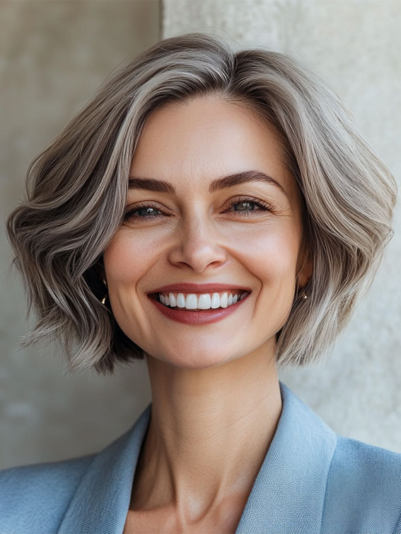 40 Layered Bob Hairstyles for Women Over 50 : Wavy Silver Bob with Soft Texture