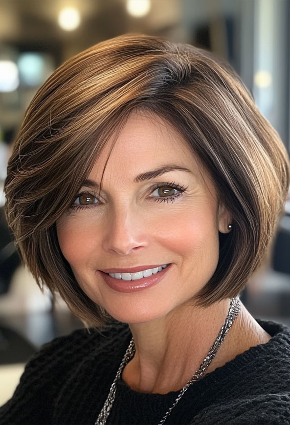 40 Layered Bob Hairstyles for Women Over 50 : Sleek Brunette Bob with Caramel Highlights