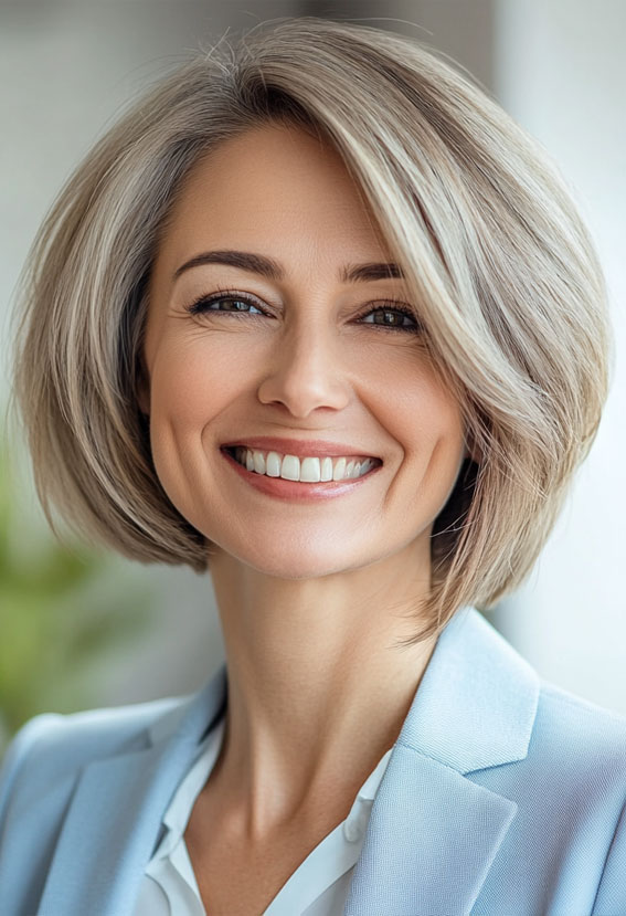 40 Layered Bob Hairstyles for Women Over 50 : Polished Silver Bob with Sleek Layers