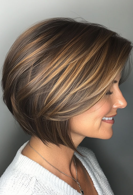 40 Layered Bob Hairstyles for Women Over 50 : Dimensional Brunette Bob with Honey Highlights