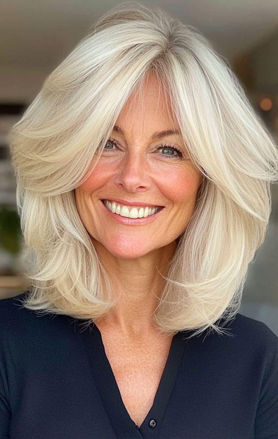 40 Layered Bob Hairstyles for Women Over 50 : Luminous Platinum Blonde Bob with Feathered Layers