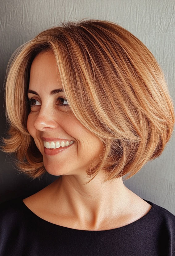 40 Layered Bob Hairstyles for Women Over 50 : Golden Honey Bob with Feathered Layers