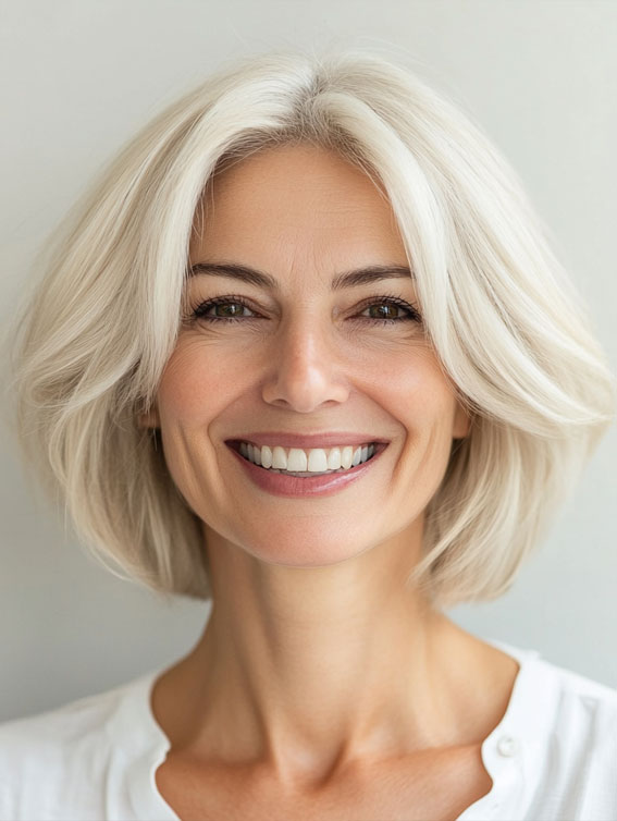 40 Layered Bob Hairstyles for Women Over 50 : Elegant Silver Bob with Soft Layers