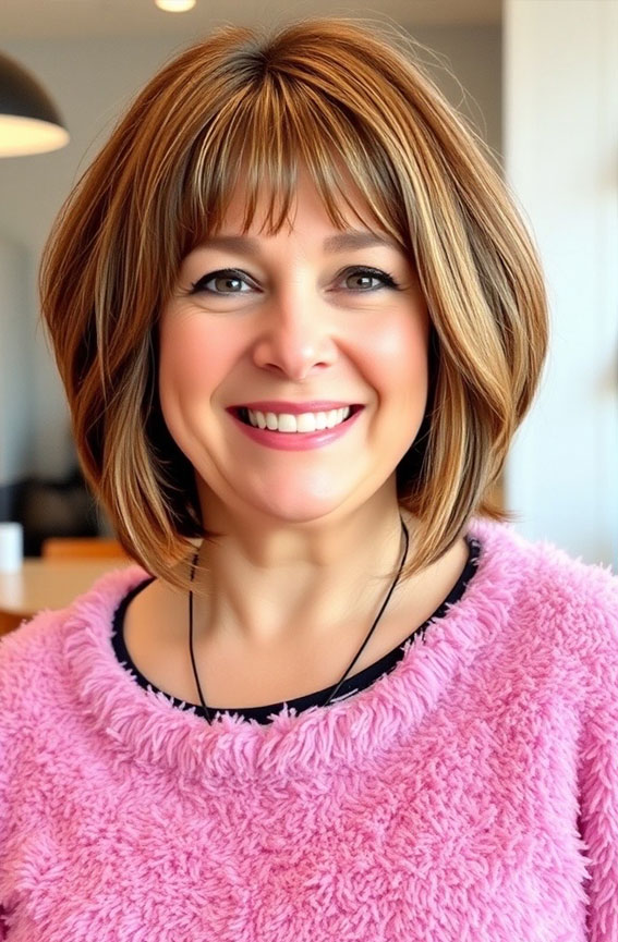 40 Layered Bob Hairstyles for Women Over 50 : Warm Chestnut Bob with Wispy Bangs