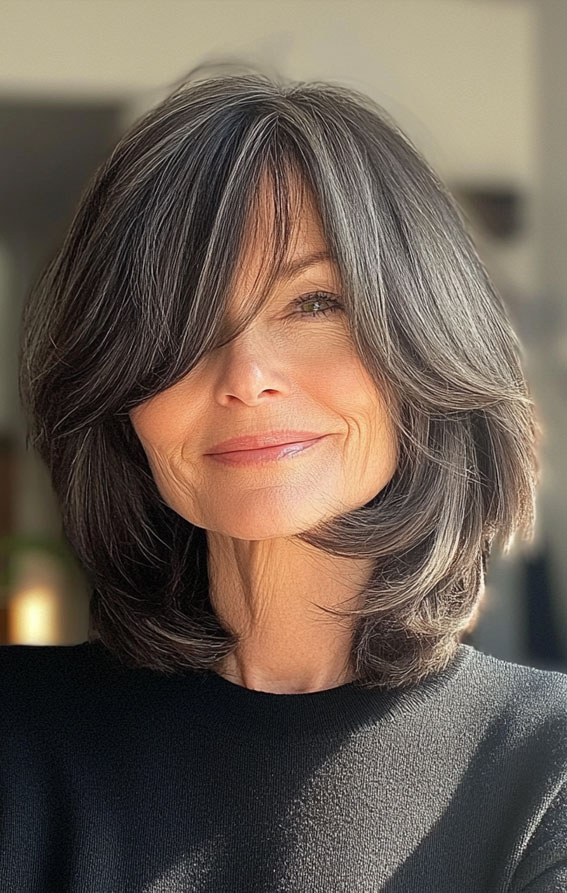 40 Layered Bob Hairstyles for Women Over 50 : Salt-and-Pepper Bob with Long Layers