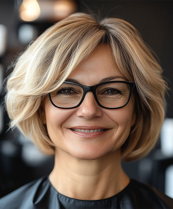 40 Layered Bob Hairstyles for Women Over 50 : Blonde Bob For Women with Glasses