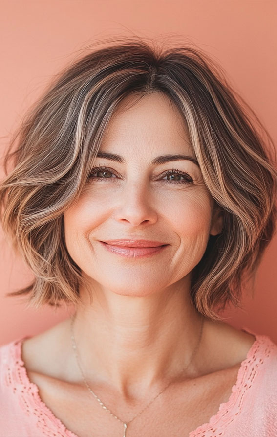 40 Layered Bob Hairstyles for Women Over 50 : Wavy Bob with Subtle Highlights