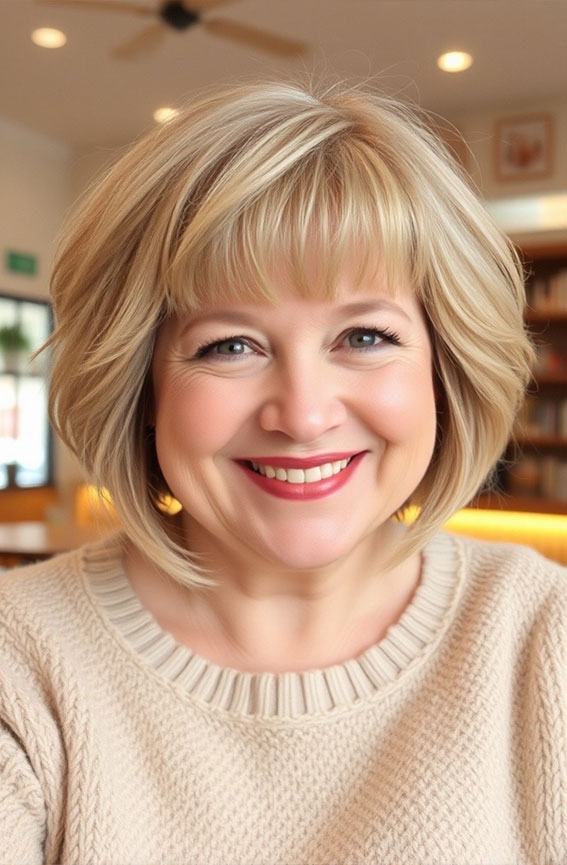 40 Layered Bob Hairstyles for Women Over 50 : Soft Blonde Bob with Wispy Bangs