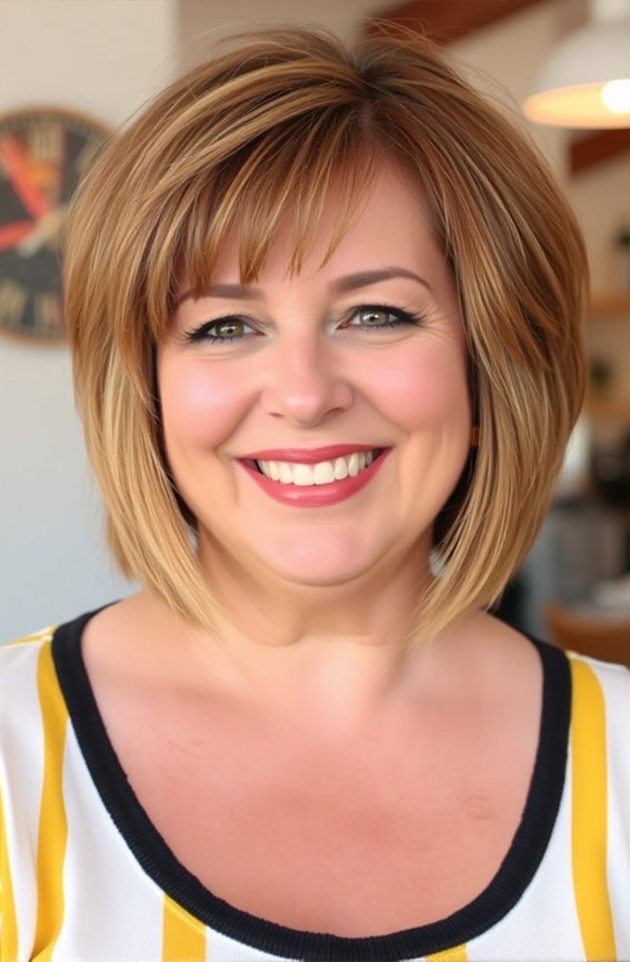 40 Layered Bob Hairstyles for Women Over 50 : Blonde Layered Fringe and Face-Framing Highlights