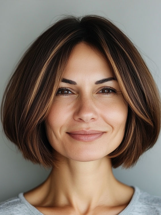 40 Layered Bob Hairstyles for Women Over 50 : Brunette Bob with Subtle Highlights