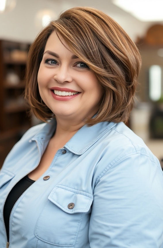 40 Layered Bob Hairstyles for Women Over 50 : Sun-Kissed Brown Layered Long Bob