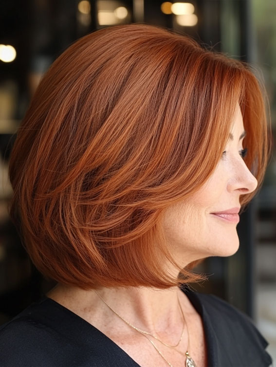 40 Layered Bob Hairstyles for Women Over 50 : Vibrant Auburn Bob with Soft Layers