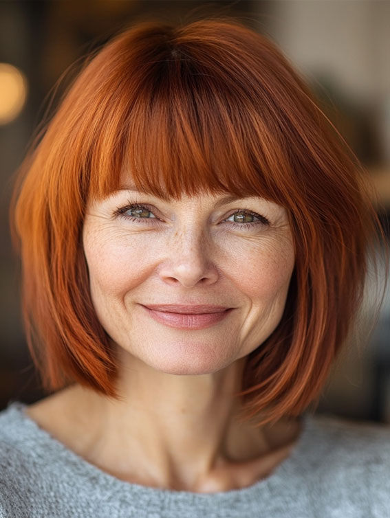 40 Layered Bob Hairstyles for Women Over 50 : Playful Copper Bob with Full Fringe