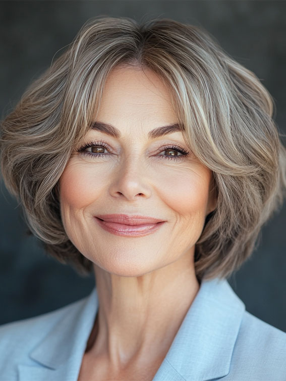 40 Layered Bob Hairstyles for Women Over 50 : Ash Blonde Bob with Feathered Layers