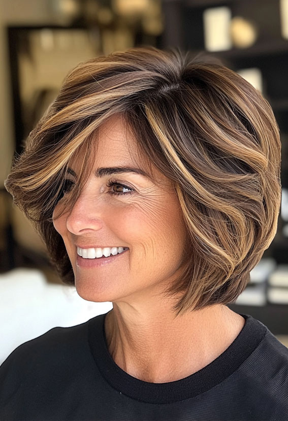 38 Pixie Bob Haircuts For Woman Over 50 : Dimensional Brunette Bixie with Honey Highlights