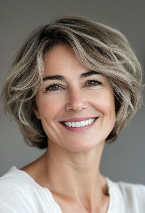 38 Pixie Bob Haircuts For Woman Over 50 : Natural Grey Wavy Bixie with Soft Layers