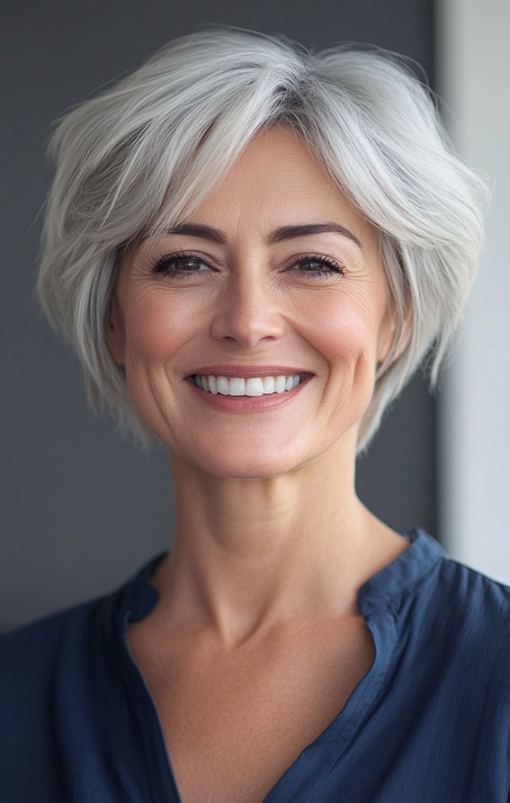 38 Pixie Bob Haircuts For Woman Over 50 : Platinum Silver Bixie with Soft Layers