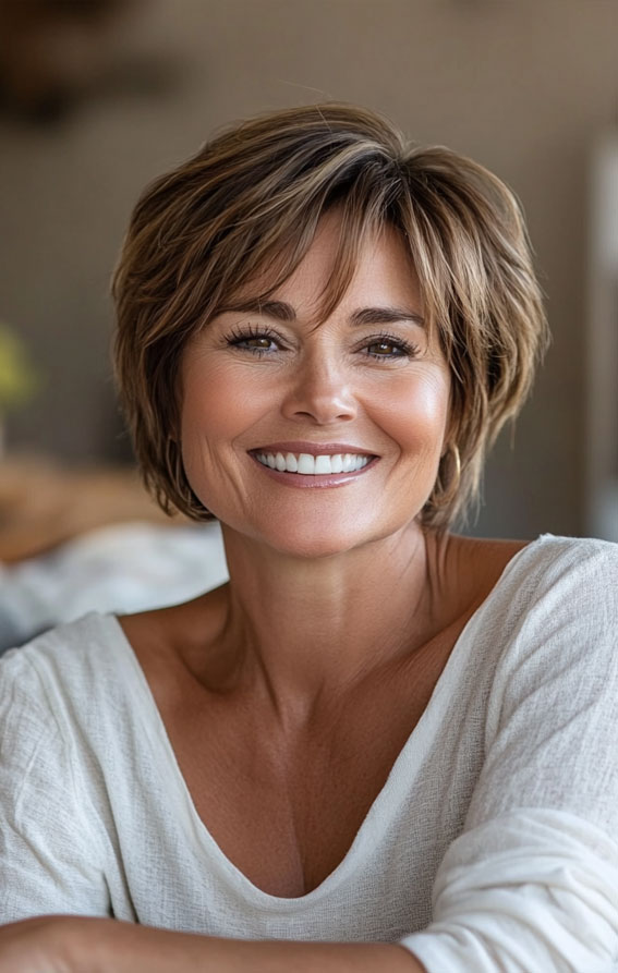 38 Pixie Bob Haircuts For Woman Over 50 : Warm Brunette Bixie with Subtle Highlights