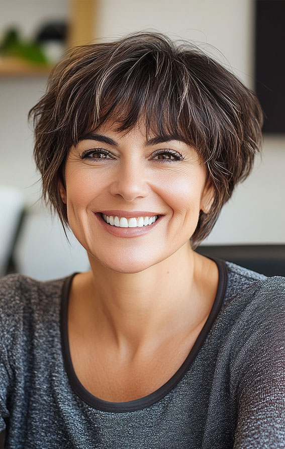 38 Pixie Bob Haircuts For Woman Over 50 : Choppy Brunette Bixie with Wispy Bangs