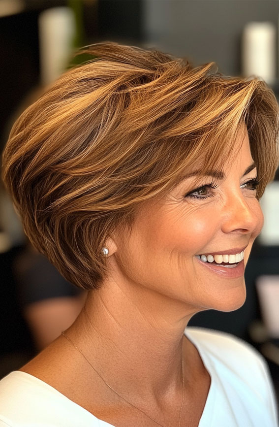 38 Pixie Bob Haircuts For Woman Over 50 : Polished Caramel Pixie Bob with Subtle Layers