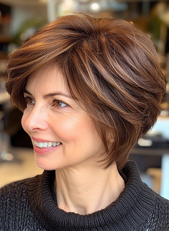 38 Pixie Bob Haircuts For Woman Over 50 : Rich Brunette Bixie with Delicate Highlights