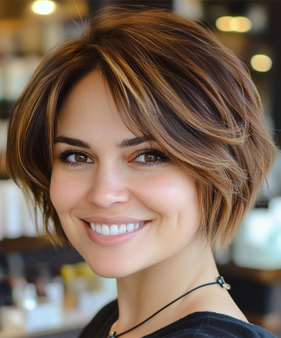 38 Pixie Bob Haircuts For Woman Over 50 : Warm Brunette Bixie with Face-Framing Highlights