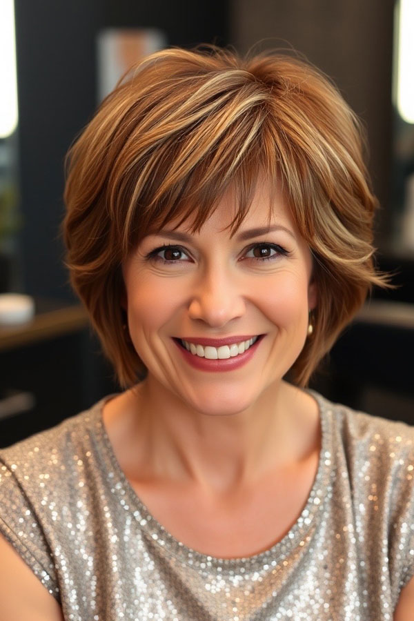 38 Pixie Bob Haircuts For Woman Over 50 : Golden Brown Bixie with Feathered Layers