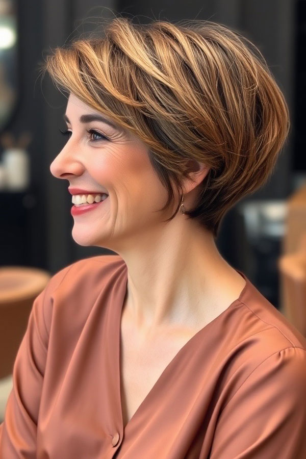 38 Pixie Bob Haircuts For Woman Over 50 : Warm Chestnut Bixie with Golden Highlights