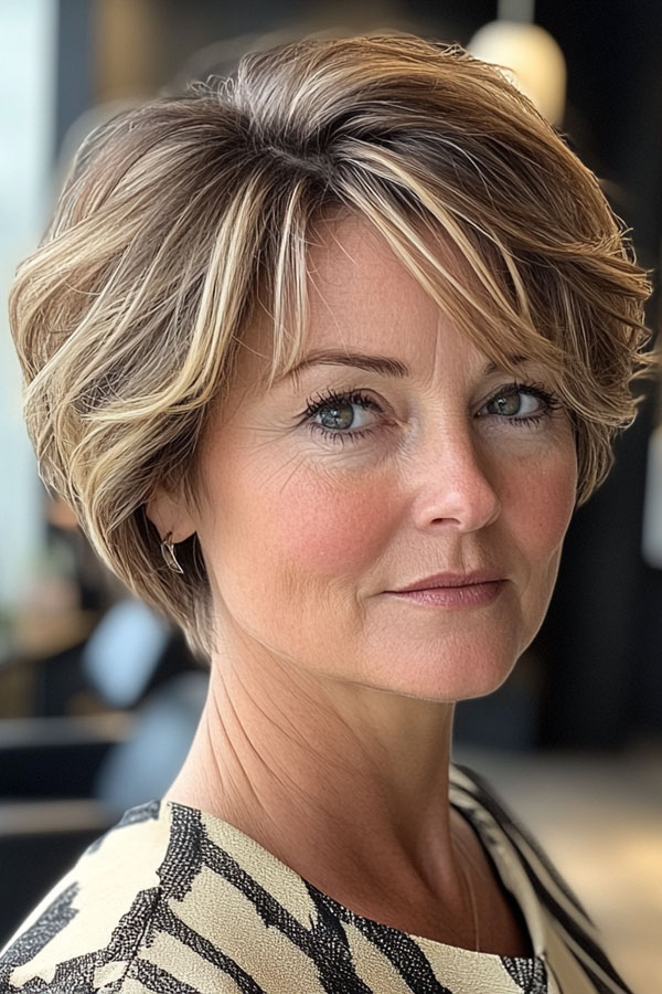 38 Pixie Bob Haircuts For Woman Over 50 : Soft Layered Pixie Bob with Blonde Highlights