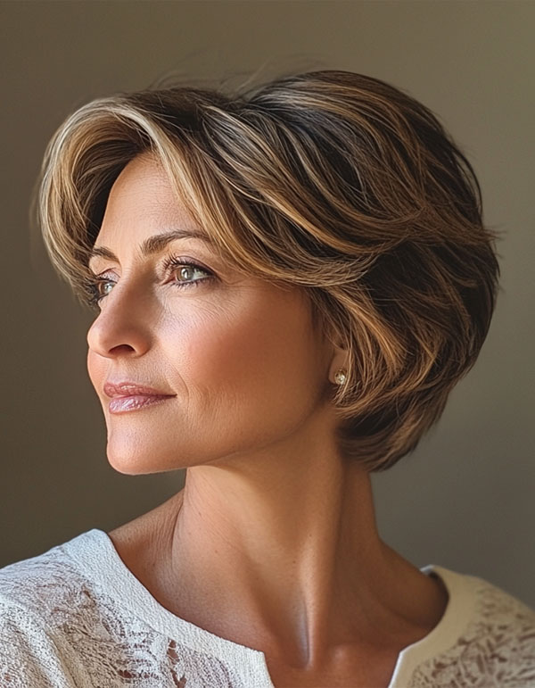 38 Pixie Bob Haircuts For Woman Over 50 : Elegant Brunette Bixie with Subtle Highlights