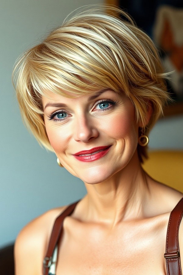 38 Pixie Bob Haircuts For Woman Over 50 : Playful Golden Blonde Bixie with Feathered Fringe