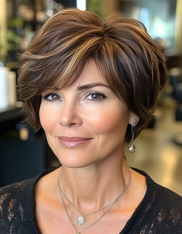 38 Pixie Bob Haircuts For Woman Over 50 : Brunette Bixie with Caramel Highlights