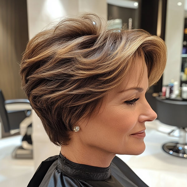 38 Pixie Bob Haircuts For Woman Over 50 : Layered Pixie Bob with Warm Highlights