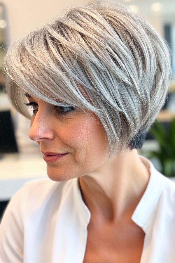 38 Pixie Bob Haircuts For Woman Over 50 : Silver Bixie with Textured Layers