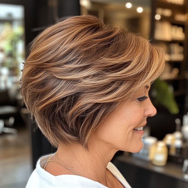 38 Pixie Bob Haircuts For Woman Over 50 : Layered Caramel Bixie with Soft Highlights