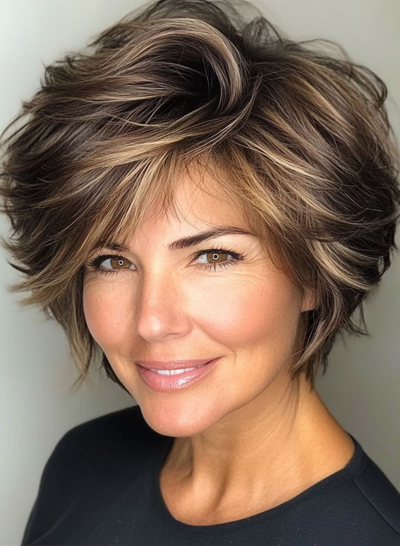 38 Pixie Bob Haircuts For Woman Over 50 : Textured Brunette Bixie with Bold Highlights