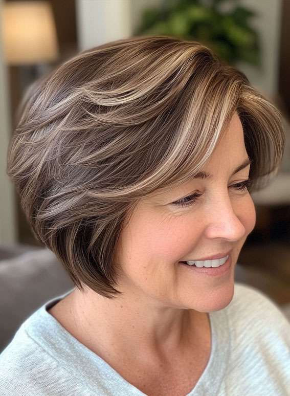 38 Pixie Bob Haircuts For Woman Over 50 : Soft Brunette Bixie with Highlights