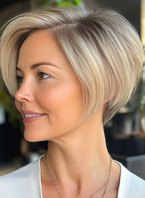 38 Pixie Bob Haircuts For Woman Over 50 : Sleek Blonde Bixie with Tapered Layers