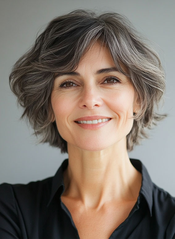 Textured Grey Bixie with Tousled Waves, bixie haircut, pixie bob haircuts, pixie bob haircuts for woman over 50, bixie haircuts for over 50, short haircuts for women over 50, pixie bob hairstyles for woman over 50