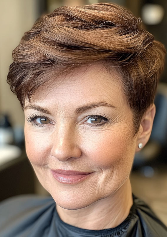 43 Chic Pixie Haircut for Women Over 50 : Auburn Pixie with Smooth Layers