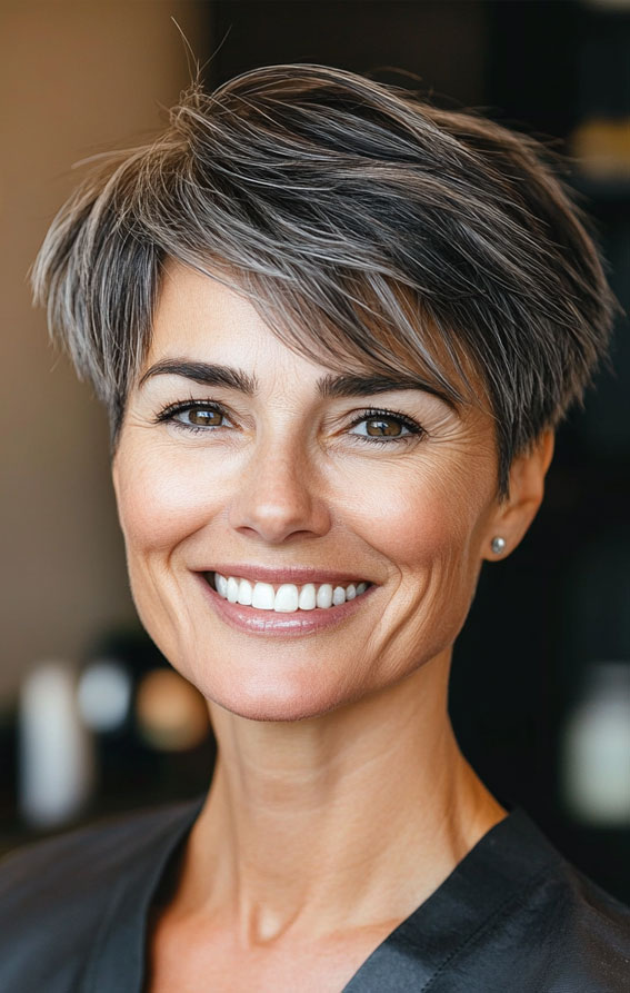 43 Chic Pixie Haircut for Women Over 50 : Ash Brown Pixie with Side Layers