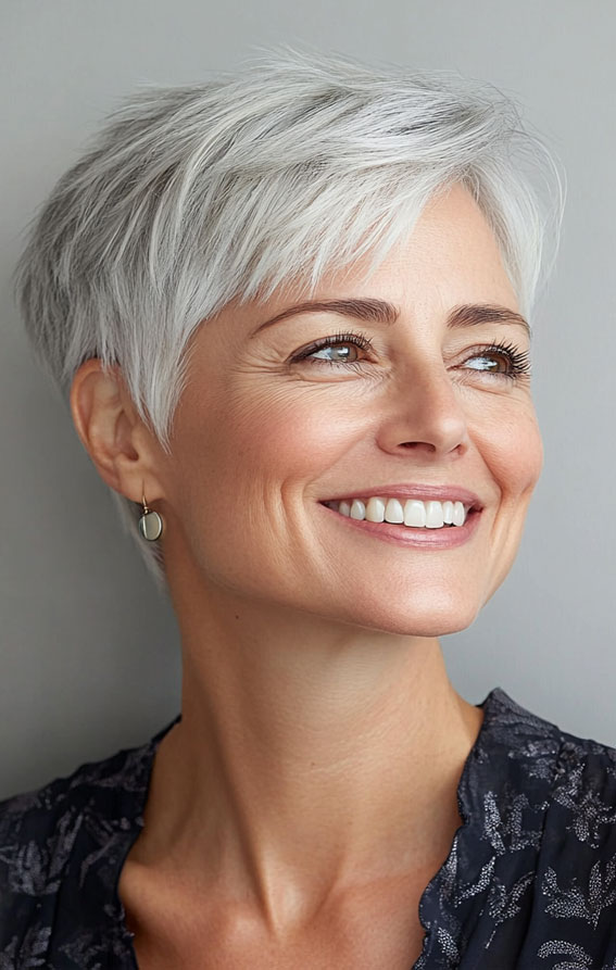 43 Chic Pixie Haircut for Women Over 50 : Silver Pixie with Soft Layers